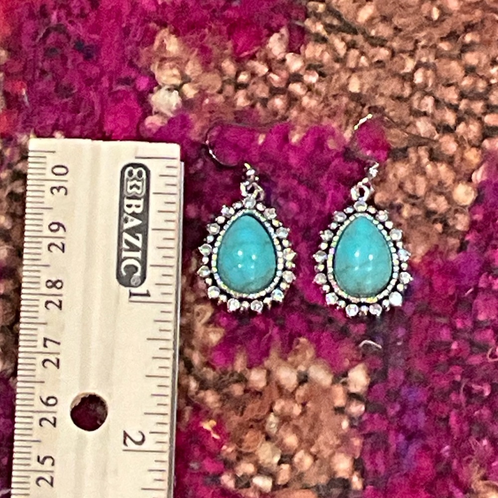 Elegant Turquoise Teardrop Earrings with Silver Accents - Picture 6 of 7